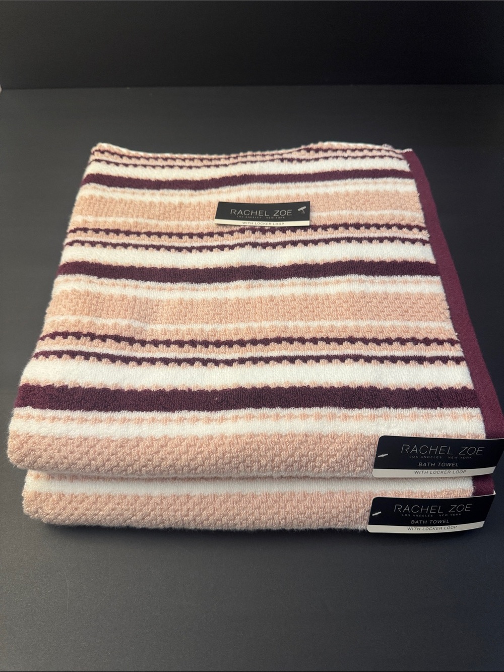 2pc RACHEL ZOE 100% Cotton Striped Bath Towel Set with Locker Loops RZ PALAZZO